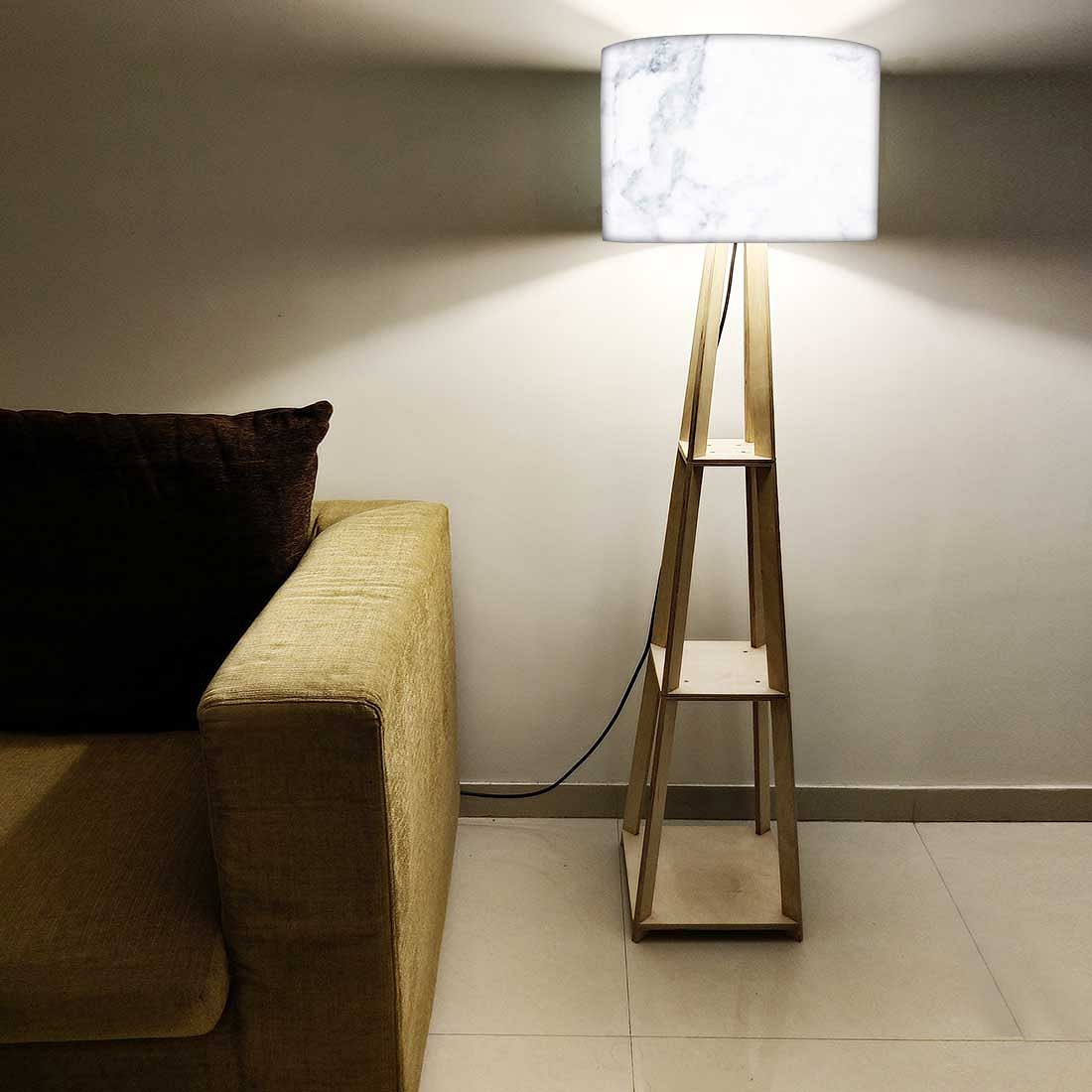 Wooden Corner Floor Lamp Long with Shelf - White Marble Effect Nutcase