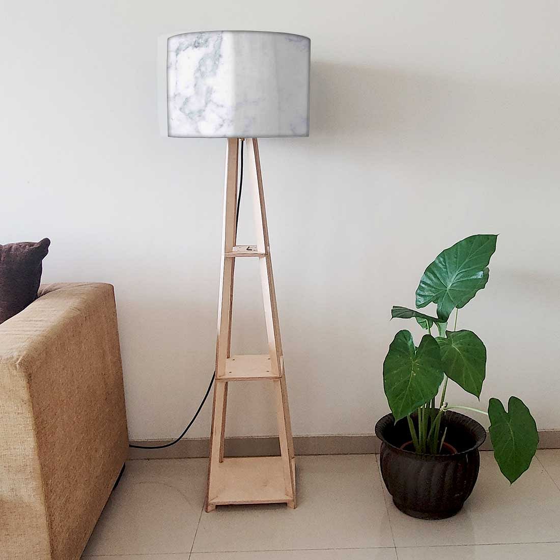 Wooden Corner Floor Lamp Long with Shelf - White Marble Effect Nutcase