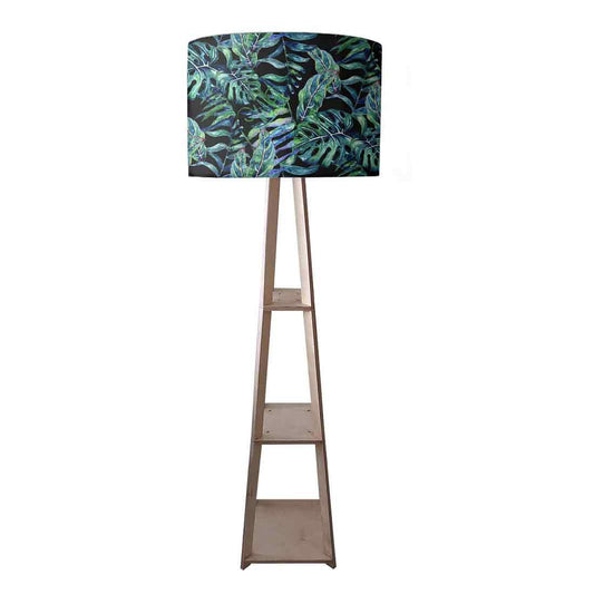 Wooden Tripod Floor Lamp with Shelf - Green Leaf Tropical Nutcase