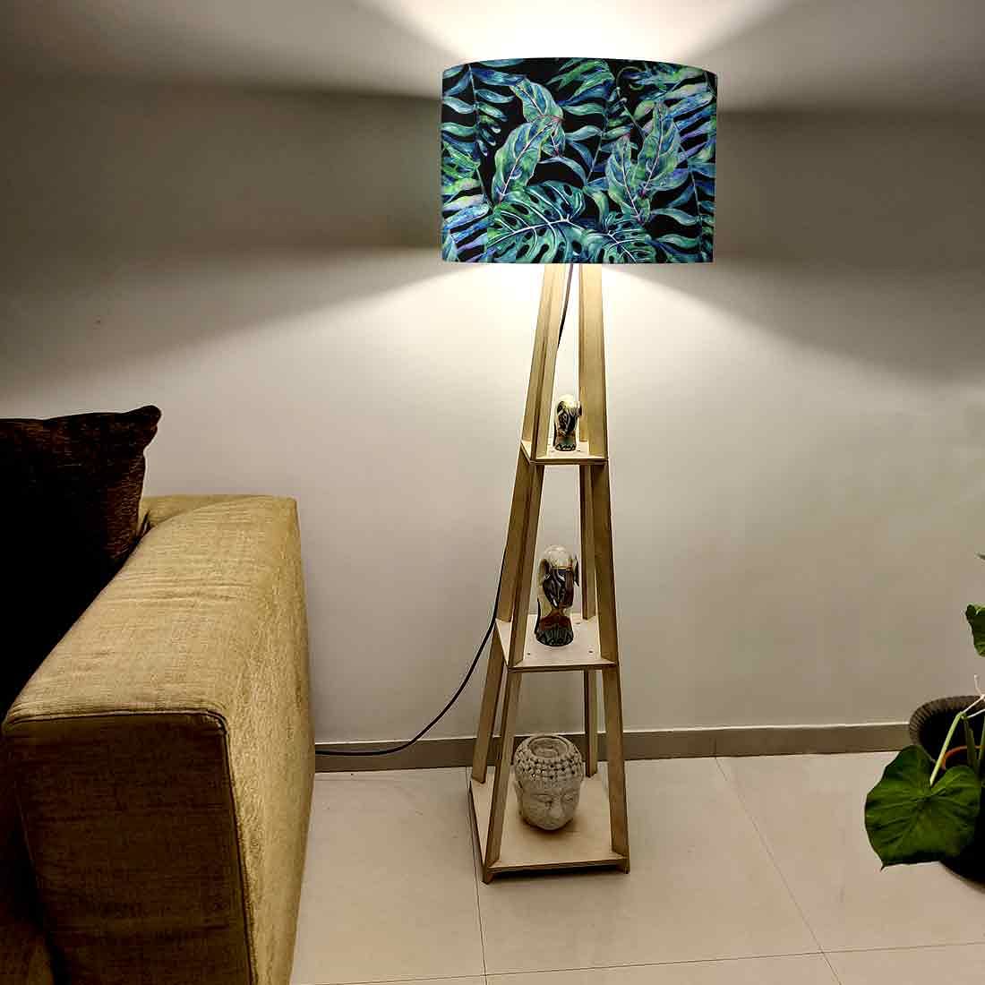 Wooden Tripod Floor Lamp with Shelf - Green Leaf Tropical Nutcase