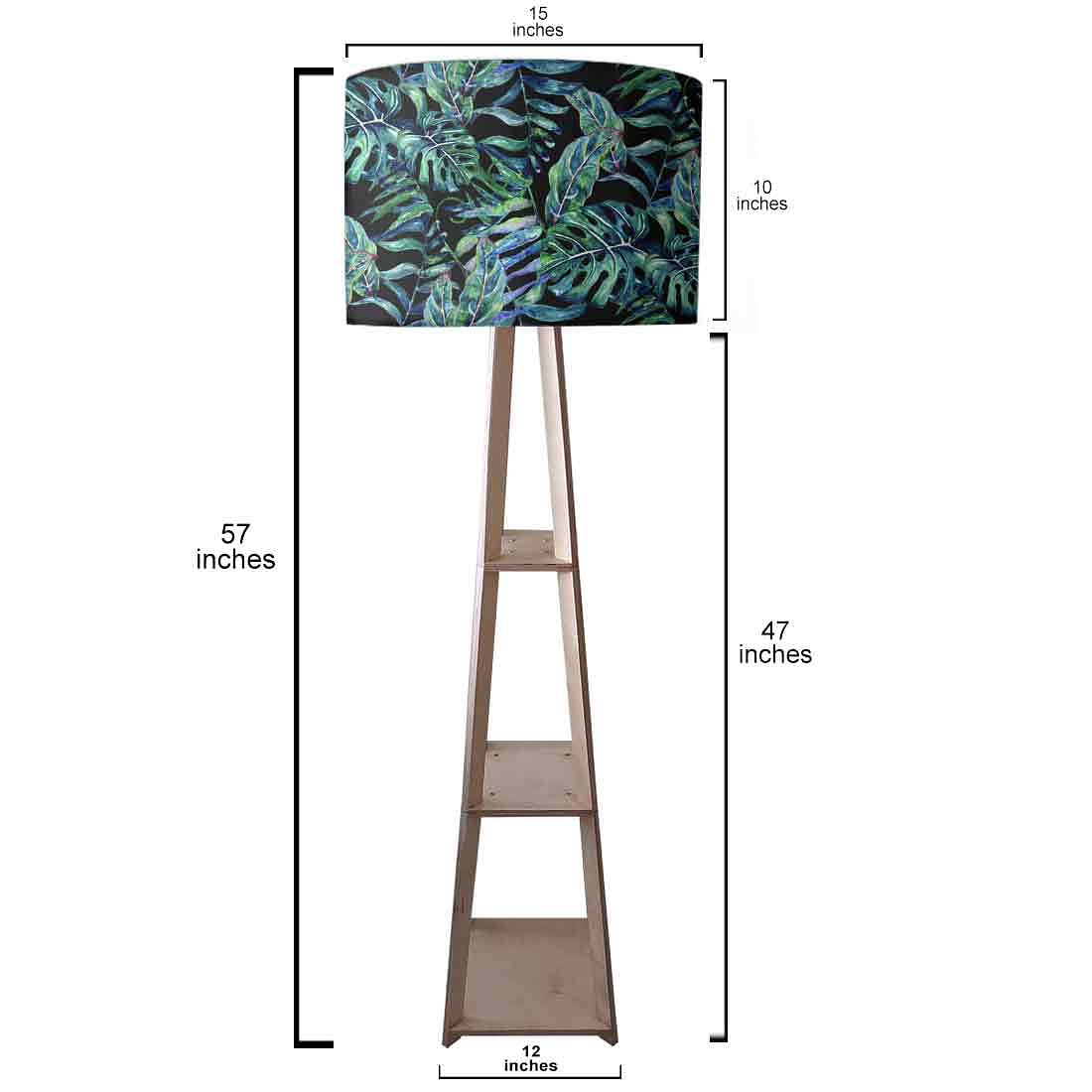 Wooden Tripod Floor Lamp with Shelf - Green Leaf Tropical Nutcase