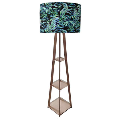 Wooden Tripod Floor Lamp with Shelf - Green Leaf Tropical Nutcase