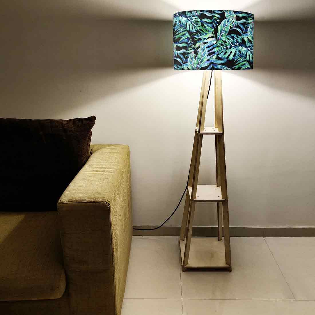 Wooden Tripod Floor Lamp with Shelf - Green Leaf Tropical Nutcase