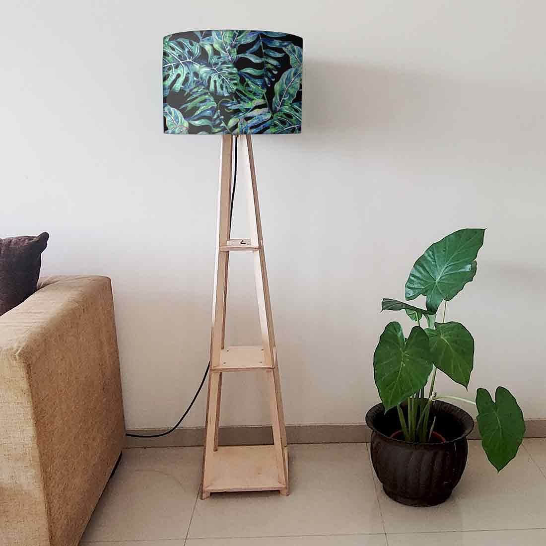 Wooden Tripod Floor Lamp with Shelf - Green Leaf Tropical Nutcase