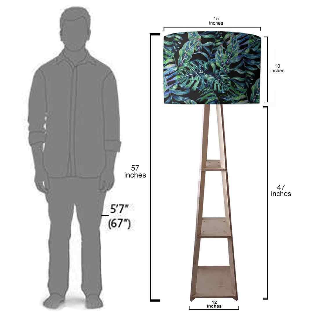 Wooden Tripod Floor Lamp with Shelf - Green Leaf Tropical Nutcase