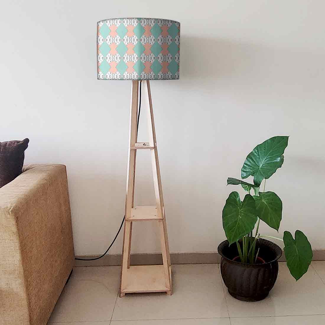 Tall Wooden Floor Lamp for Office with Shelf - Marble Pastle Nutcase