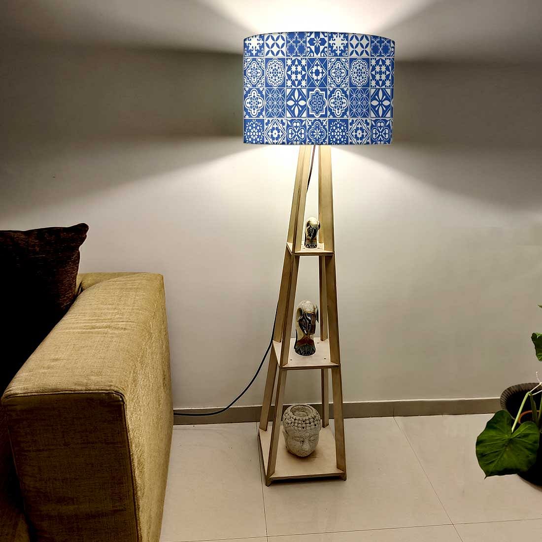 Wooden Floor Lamp Long Corner Lights with Shelf - Tiles of Seville Nutcase