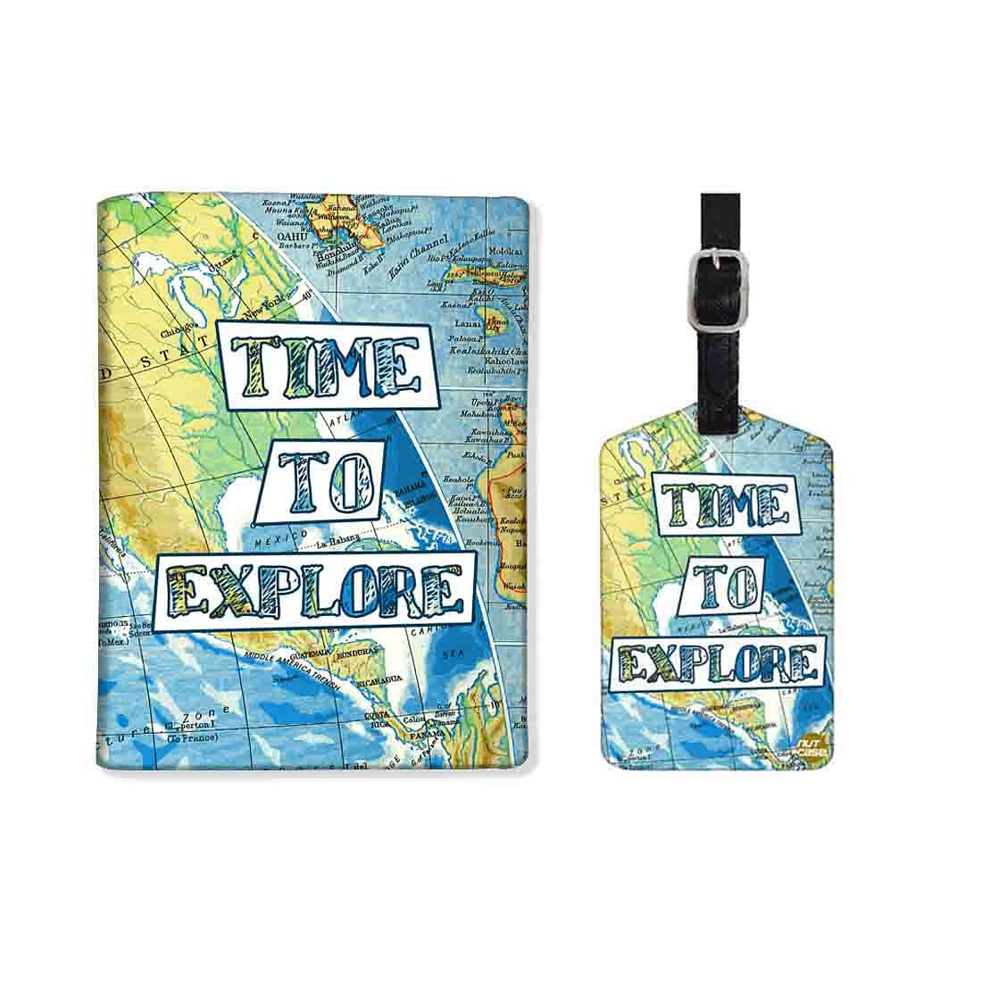 Passport Cover Holder Travel Case With Luggage Tag - Time To Explore Map Nutcase