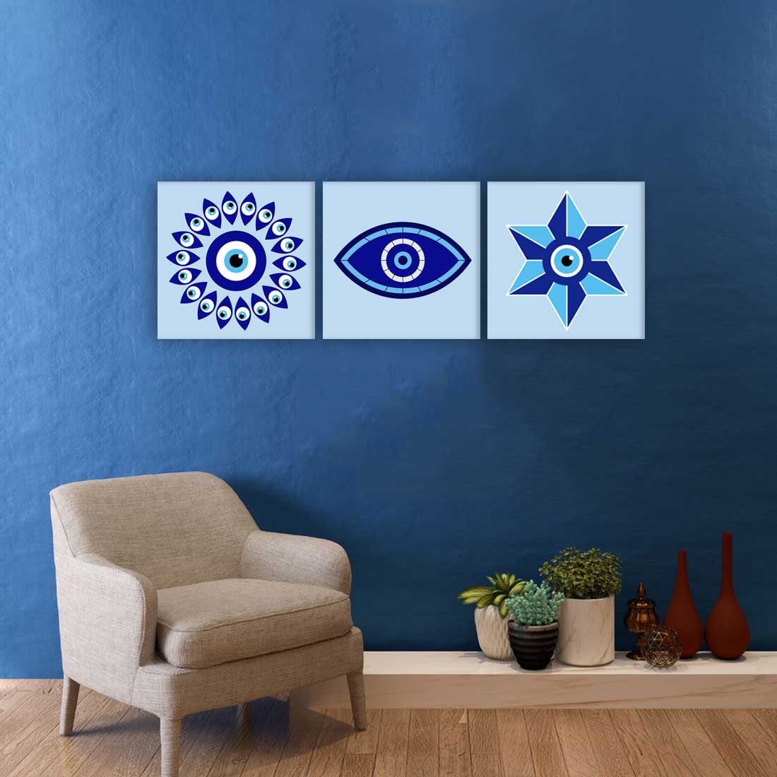 Designer Pack of 3 Hanging Panels for Office Wall Art Living Room Decoration - Evil Eye Protector Nutcase