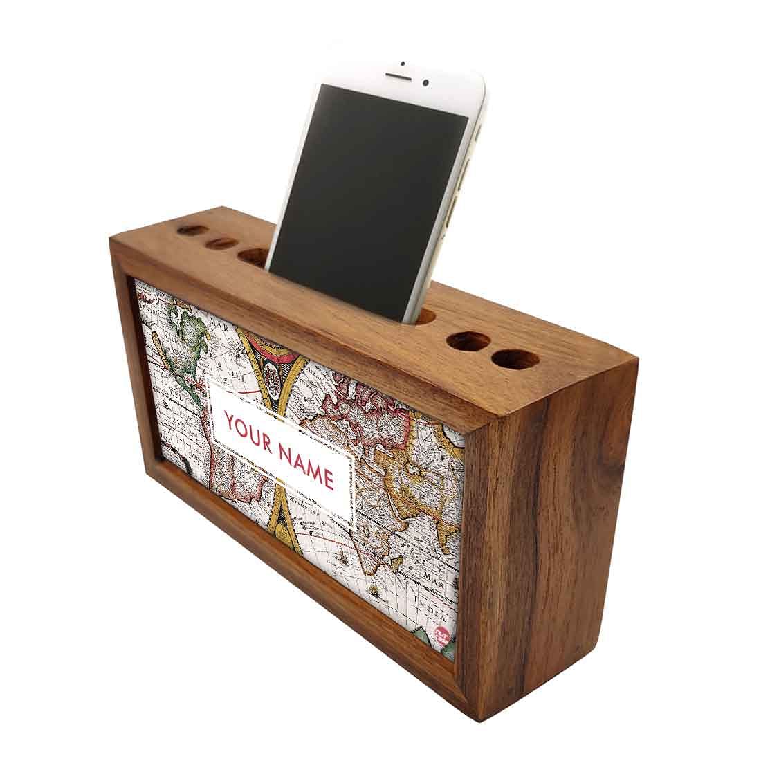 Personalized Solid Wood desk organizer - Vintage Maps Globe Nutcase
