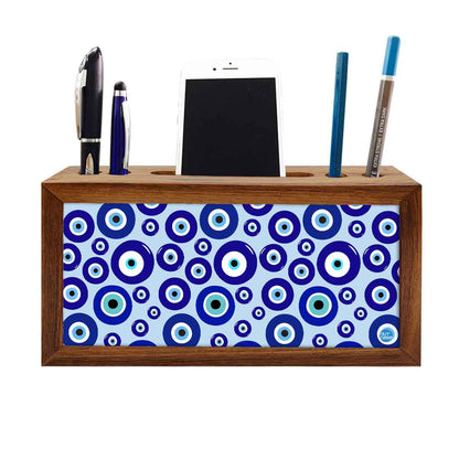 Wooden Pen Stand with Mobile Holder Desk Organizer for Office - Evil Eye Protector- Nutcase