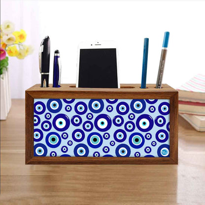 Wooden Pen Stand with Mobile Holder Desk Organizer for Office - Evil Eye Protector- Nutcase