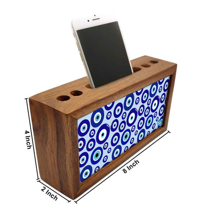 Wooden Pen Stand with Mobile Holder Desk Organizer for Office - Evil Eye Protector- Nutcase