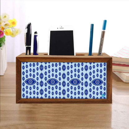 Wooden Pen Stand with Mobile Holder Desk Organizer for Office - Evil Eye Protector- Nutcase