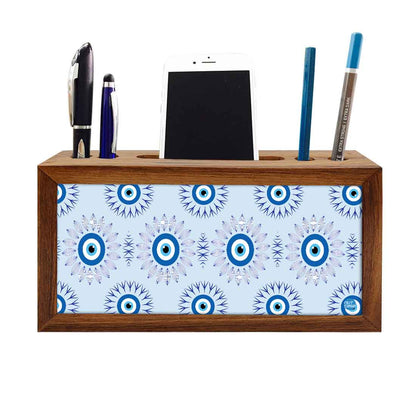 Wooden Pen Stand with Mobile Holder Desk Organizer for Office - Evil Eye Protector- Nutcase