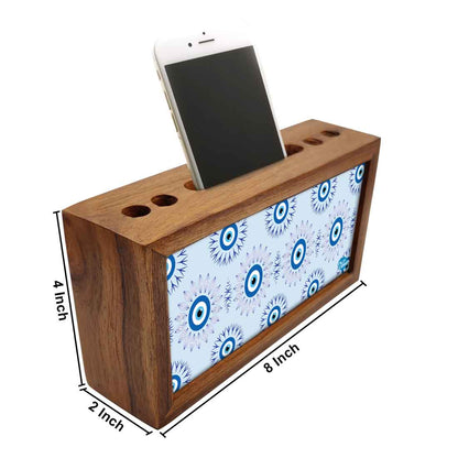 Wooden Pen Stand with Mobile Holder Desk Organizer for Office - Evil Eye Protector- Nutcase