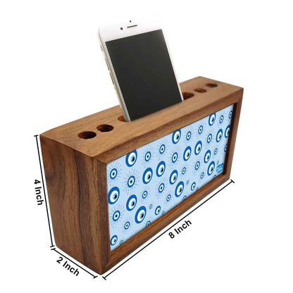 Wooden Pen Stand with Mobile Holder Desk Organizer for Office - Evil Eye Protector- Nutcase