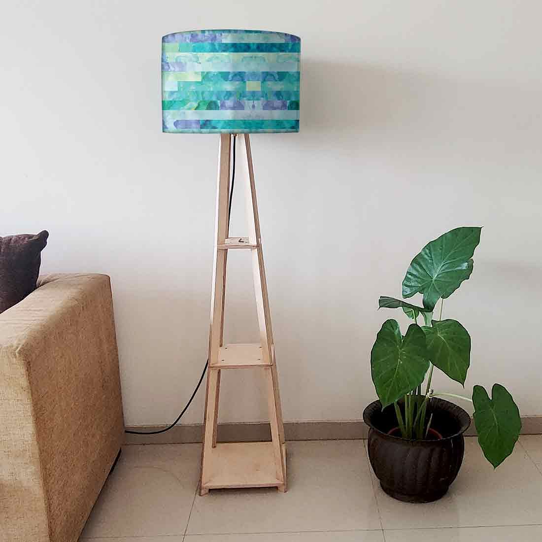 Wooden Tripod Floor Lamp with Shelf for Bedroom - Blue Stone Nutcase