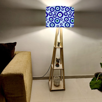 Designer Wooden Tripod Floor Lamp with Shelf for Living Room - Evil Eye Protector Nutcase