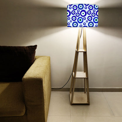 Designer Wooden Tripod Floor Lamp with Shelf for Living Room - Evil Eye Protector Nutcase