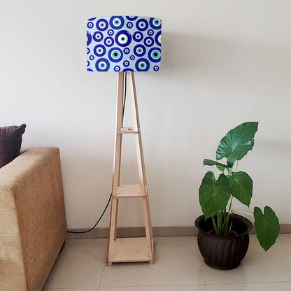 Designer Wooden Tripod Floor Lamp with Shelf for Living Room - Evil Eye Protector Nutcase