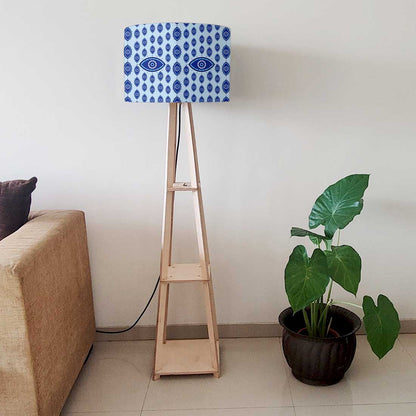 Designer Wooden Tripod Floor Lamp with Shelf for Living Room - Evil Eye Protector Nutcase