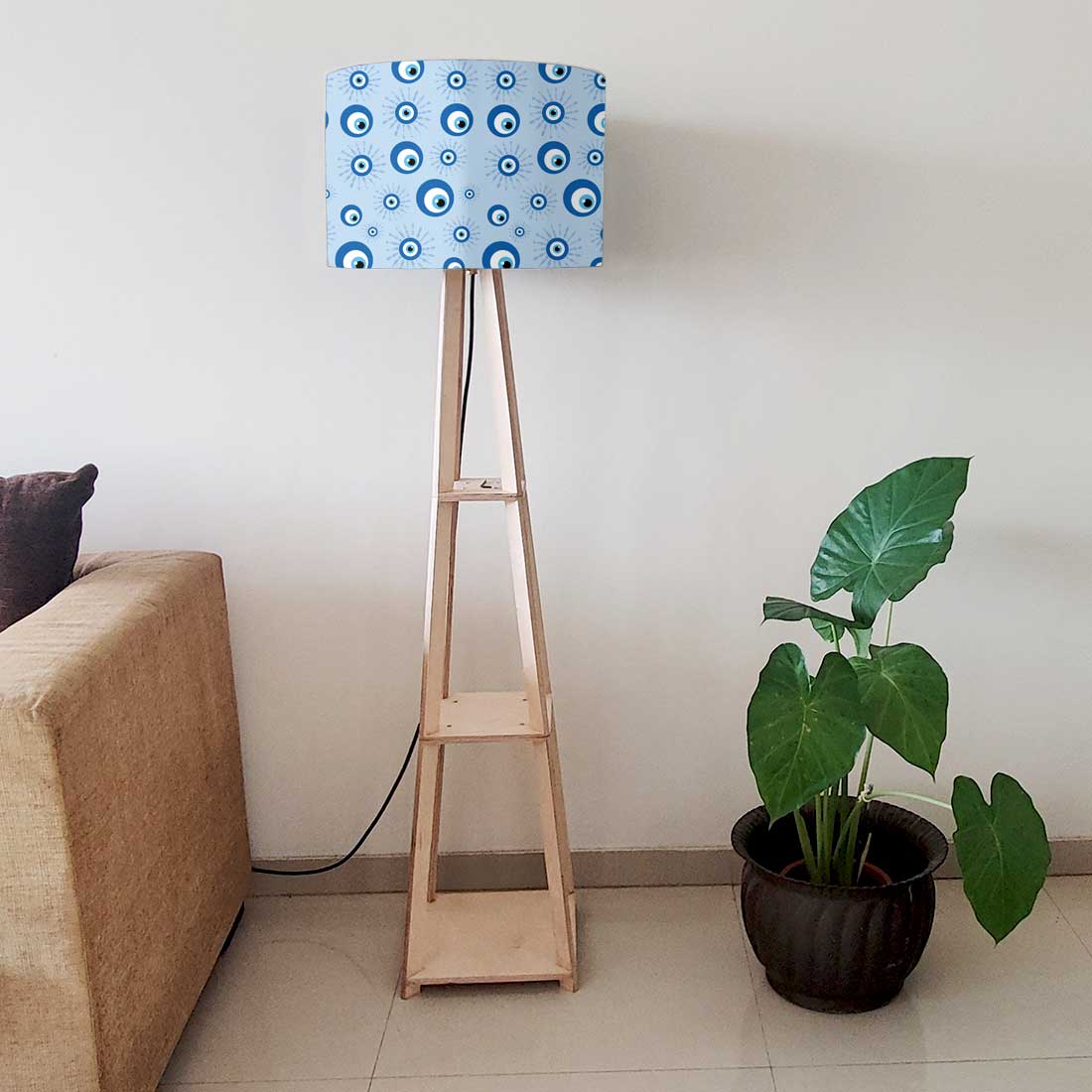 Designer Wooden Tripod Floor Lamp with Shelf for Living Room - Evil Eye Protector Nutcase