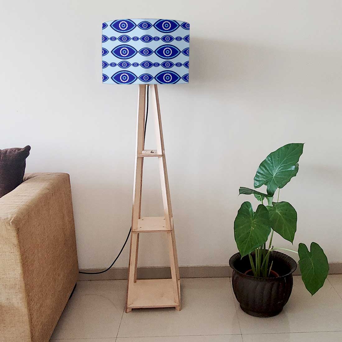 Wooden Tripod Floor Lamp with Shelf for Bedroom Living Room Decor - Evil Eye Protector Nutcase