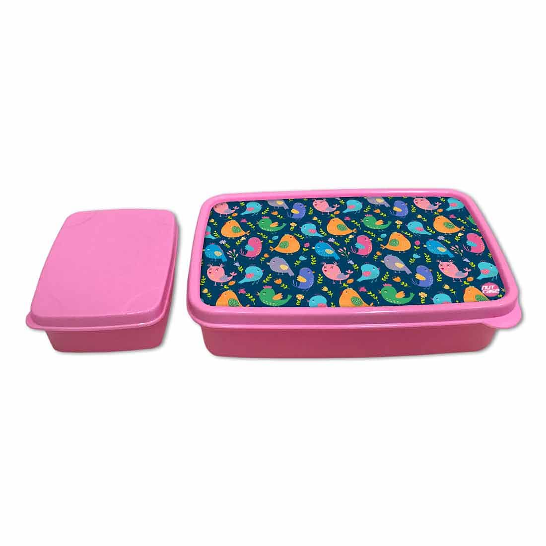 Small Plastic Sandwich Tiffin Box Square for Kids Girls - Colorful Birds Nutcase