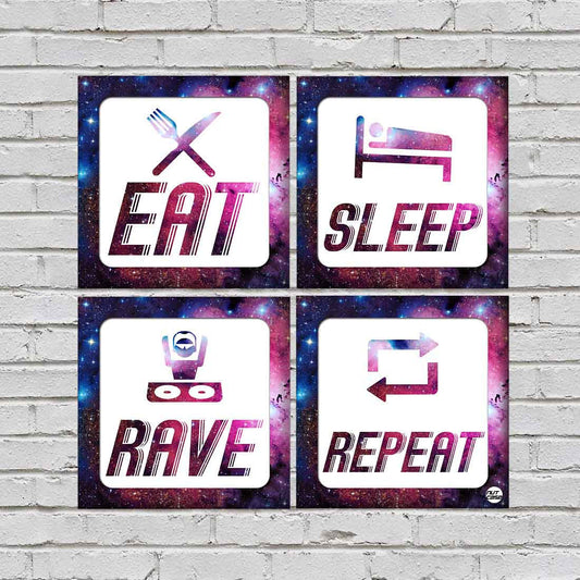 Wall Art Decor For Home Set Of 4 -Eat Sleep Rave Repeat Sign Nutcase