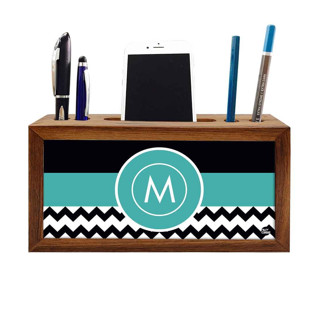 Custom Wooden Pen Holder for Desk - Blue Colored with Initial Nutcase