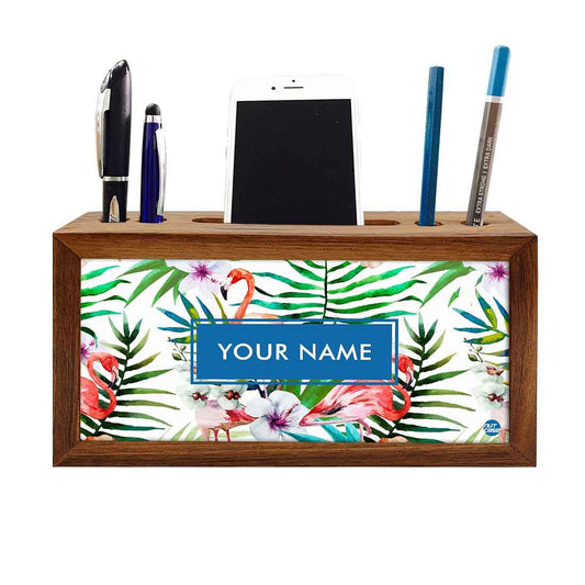 Personalized Wood desktop organizer - White Hibiscus with Flamingo Nutcase