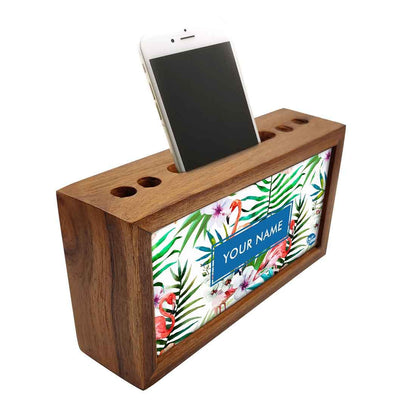 Personalized Wood desktop organizer - White Hibiscus with Flamingo Nutcase