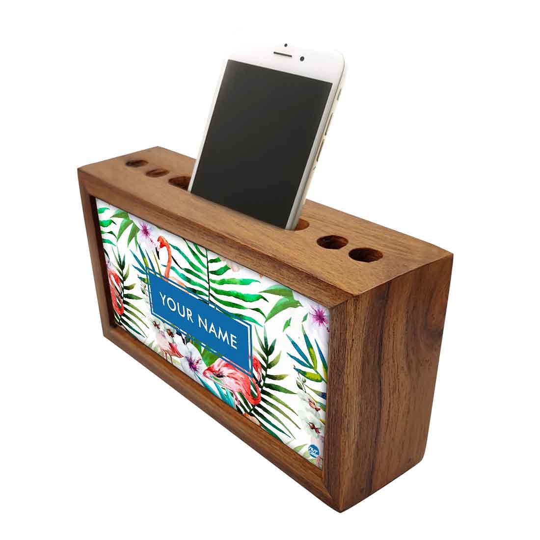 Personalized Wood desktop organizer - White Hibiscus with Flamingo Nutcase