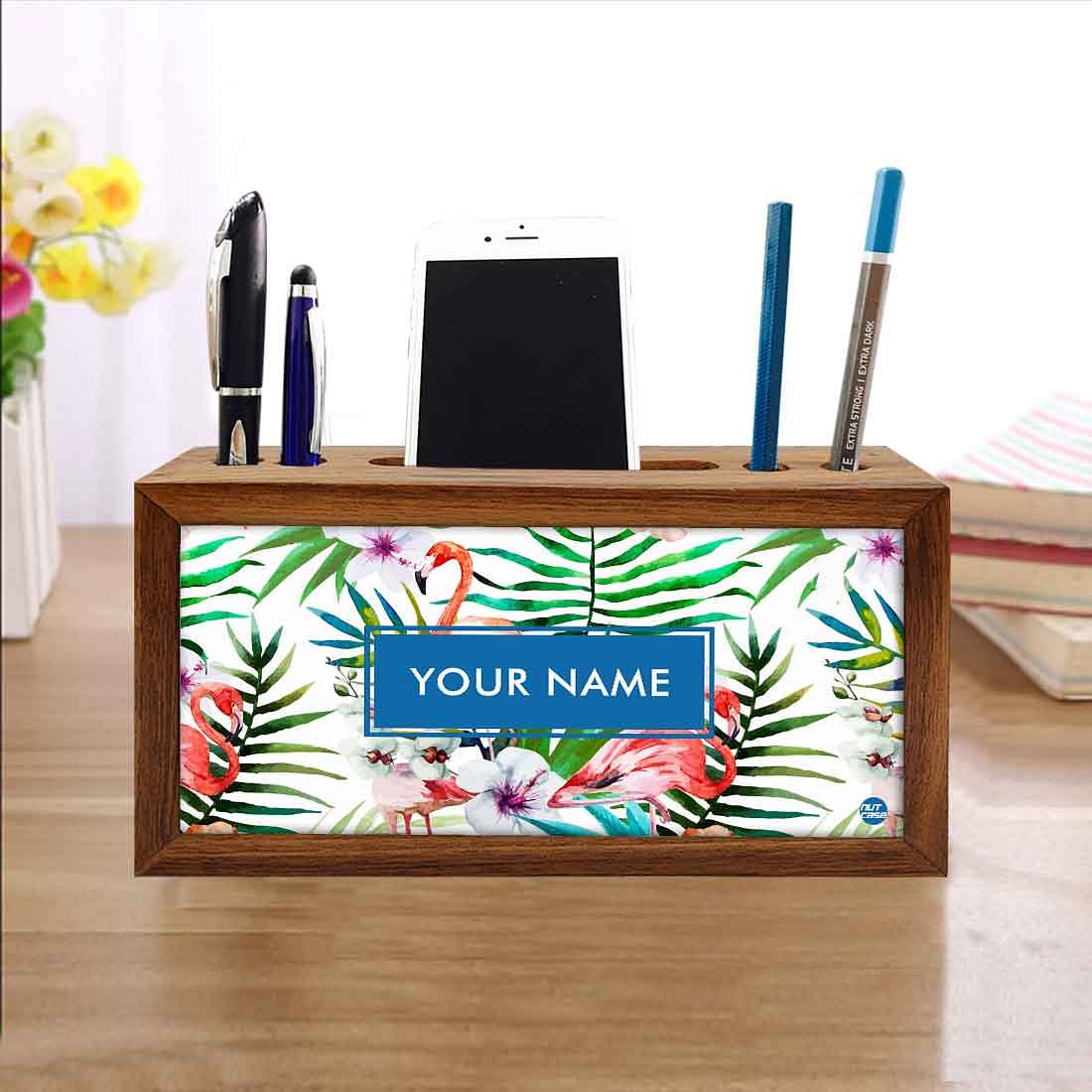 Personalized Wood desktop organizer - White Hibiscus with Flamingo Nutcase