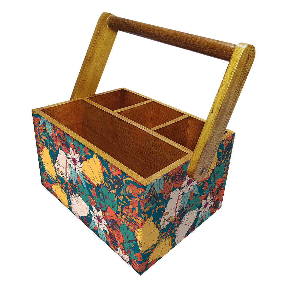 Wooden Spoon Stand Cutlery Holder with handle For Dining Table - Yellow Elegance Nutcase