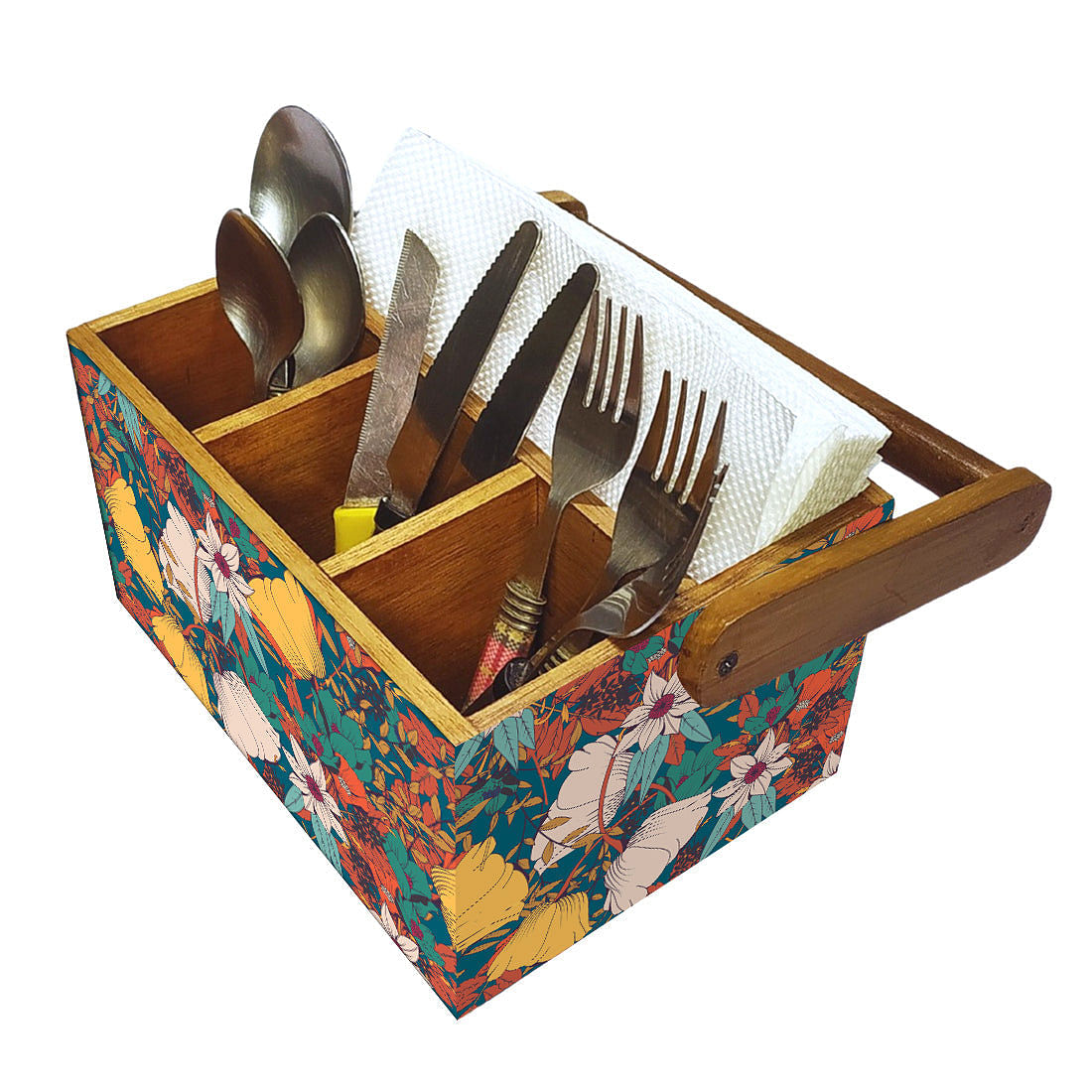 Wooden Spoon Stand Cutlery Holder with handle For Dining Table - Yellow Elegance Nutcase