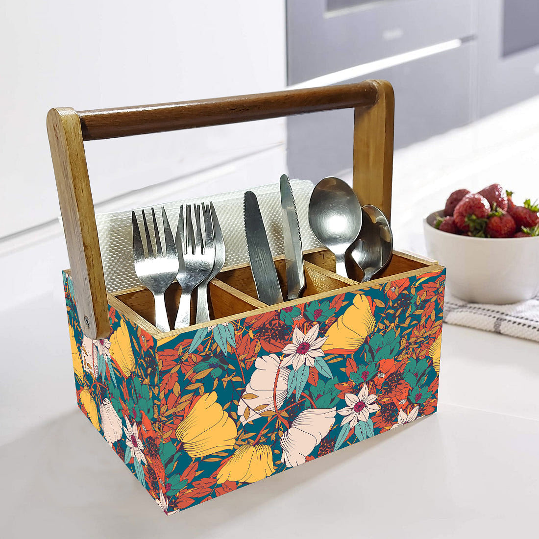 Wooden Spoon Stand Cutlery Holder with handle For Dining Table - Yellow Elegance Nutcase