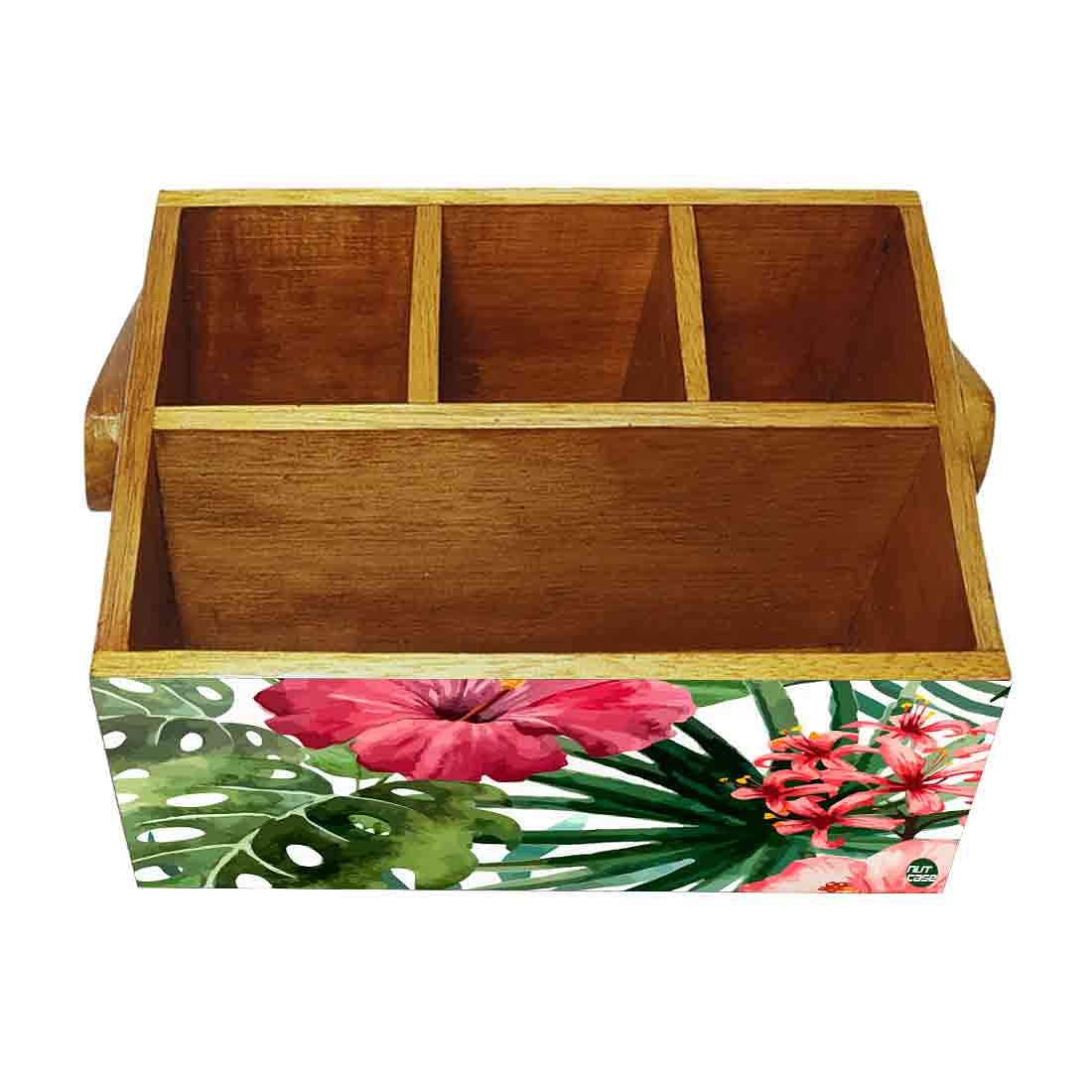 Wooden Tissue and Cutlery Holder for kitchen Organizer With Handle - Hibiscus Nutcase