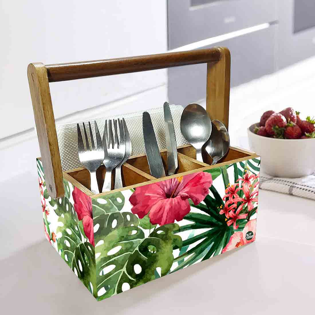 Wooden Tissue and Cutlery Holder for kitchen Organizer With Handle - Hibiscus Nutcase