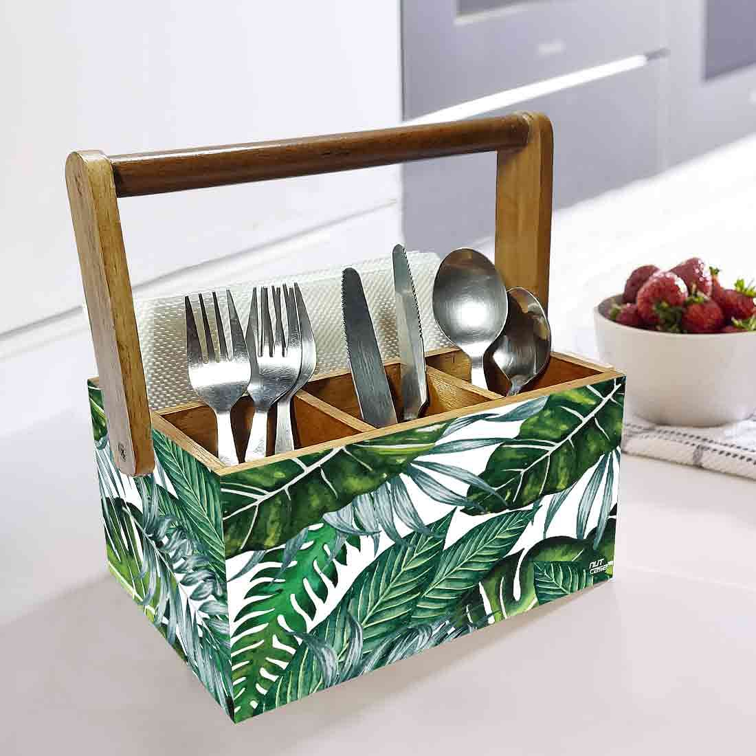 Restaurant Silverware Holder With Handle for Spoons Tissue Organizer - Leaves Nutcase