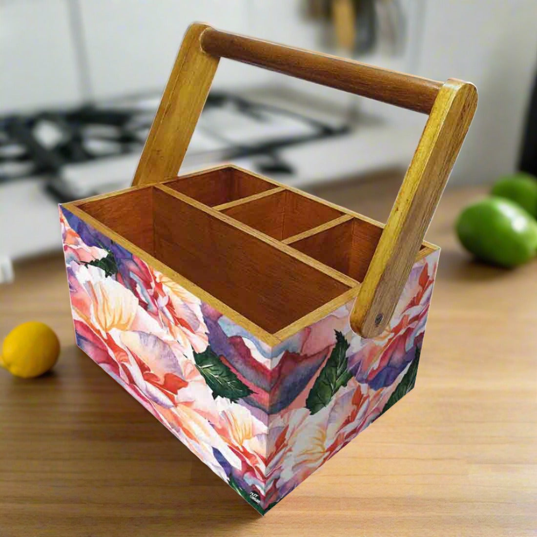 Cutlery Holder for Table Stand With Handle Spoons Napkin Organizer - Floral Nutcase