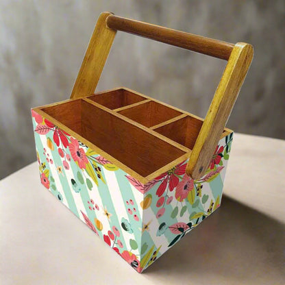 Tissue Box Holder for Dining Table Spoons Forks Organizer - Strips Floral Nutcase