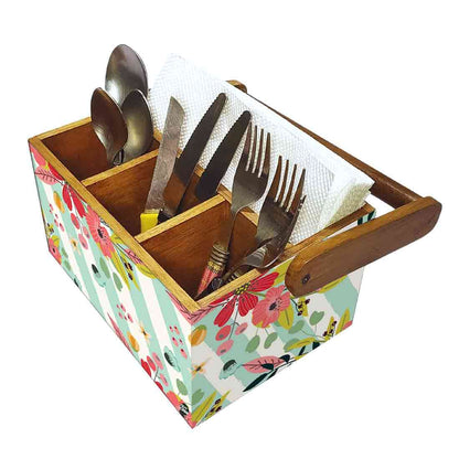 Tissue Box Holder for Dining Table Spoons Forks Organizer - Strips Floral Nutcase