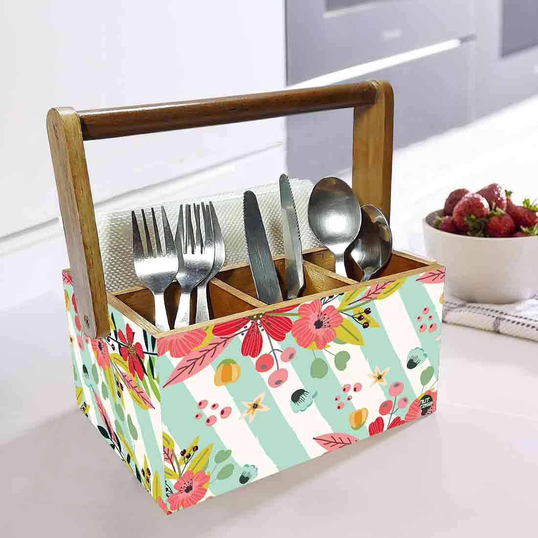 Tissue Box Holder for Dining Table Spoons Forks Organizer - Strips Floral Nutcase