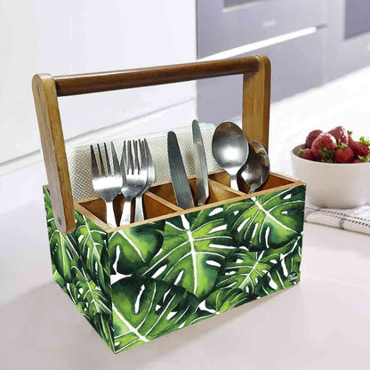 Wooden Cutlery Holder Spoon Fork Stand for Kitchen Organizer - Monstera Leaves Nutcase