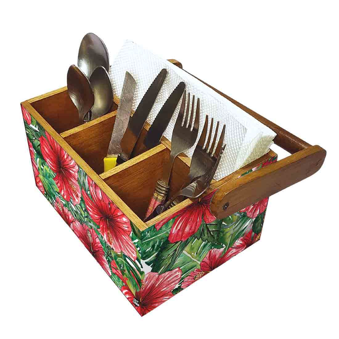 Spoon Stand Wooden for Kitchen Organizer Knives Napkin Forks - Hibiscus Nutcase