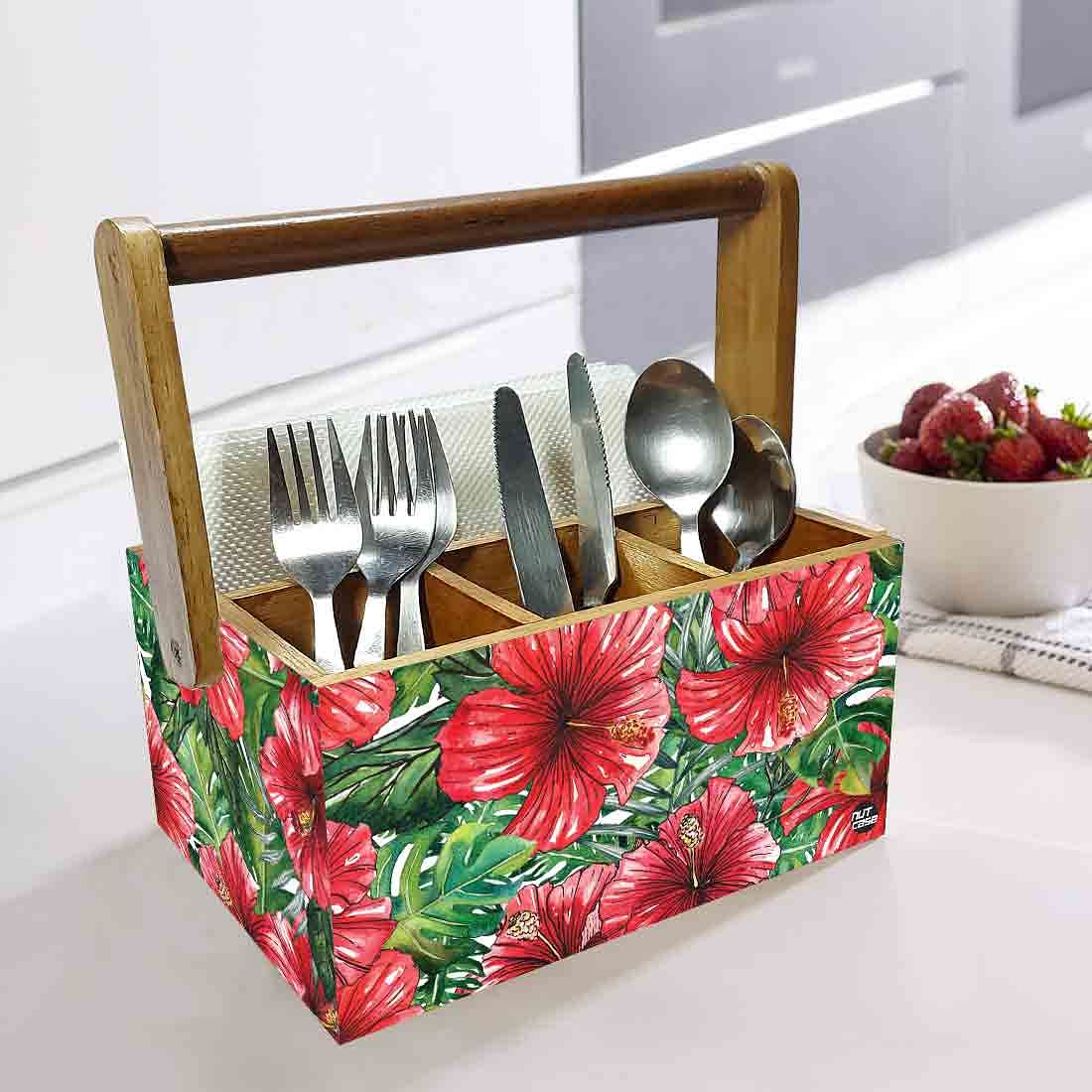 Spoon Stand Wooden for Kitchen Organizer Knives Napkin Forks - Hibiscus Nutcase