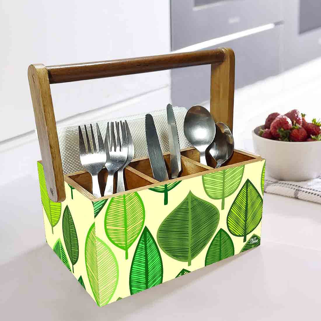 Cutlery Stand Holder for Dining Table Spoons Napkin Organizer - Green Leaves Nutcase
