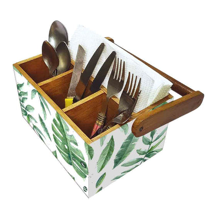 Cutlery Box for Storage Wooden Holder With Handle - Drops Leaves Nutcase